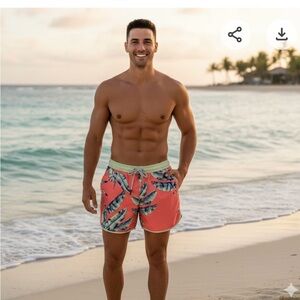 Coral Leaf Print Men's Athletic Shorts